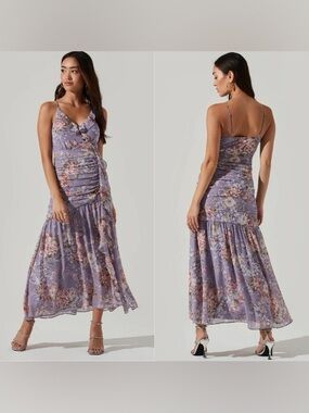 ASTR The Label Sleeveless Ruched Ruffle Maxi Dress Lavender Floral XS